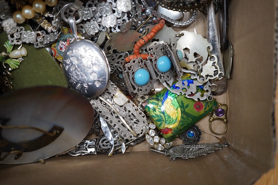 A quantity of assorted plated wares, collectables, watches, shell buckle, white metal and costume jewellery including micro mosaic, oval locket, brooches, pendants, white metal and paste spectacle necklace, a pewter ciga